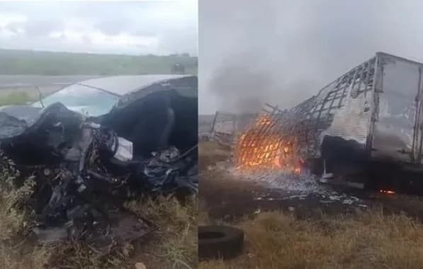 Caminhão baú pega fogo após colisão com carro na Bacia do Jacuípe