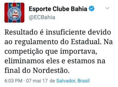 Em sua conta oficial no Twitter, Bahia minimiza perda, mas apaga postagem em seguida