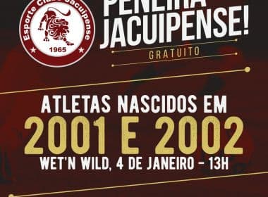 Jacuipense fará peneira no dia 4 em Salvador, para garotos nascidos em 2001 e 2002