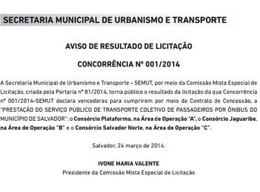 Diário publica resultado da licitação do transporte de Salvador