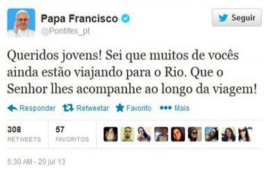 Papa Francisco manda mensagem no Twitter para jovens que desembarcarão no Rio