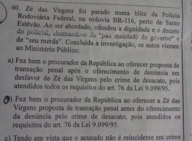 Prova do MPF usa nome de prefeito de Irecê para ilustrar 'carteirada'