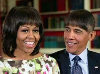 Obama mostra foto com franja da esposa em jantar com a imprensa