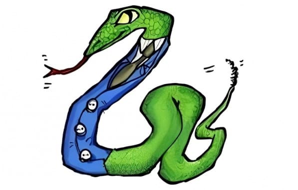 Ilustração de uma cobra verde vestindo um elegante terno azul, gravata escura e língua para fora