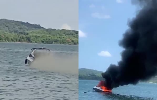 VÍDEO: Embarcação pega fogo em praia na Baía de Todos-os-Santos