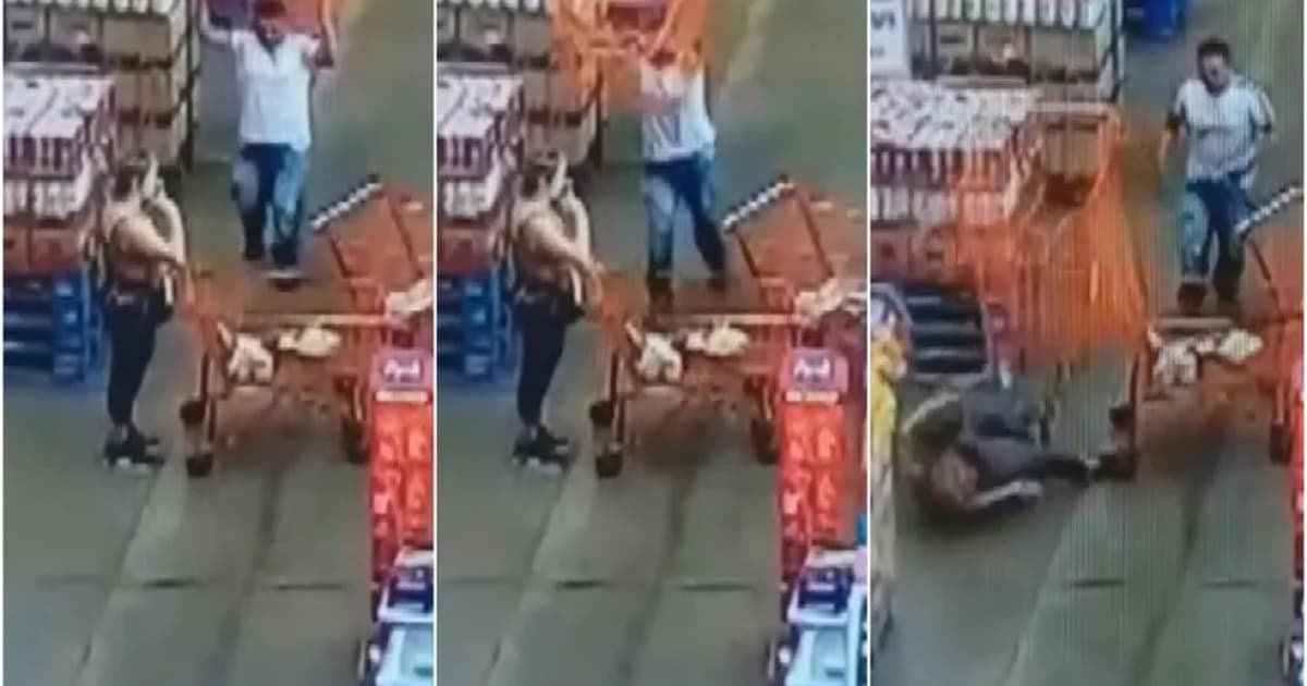 VÍDEO: Câmeras flagram homem arremessando carrinho de compras na cabeça de uma mulher em Goiás 