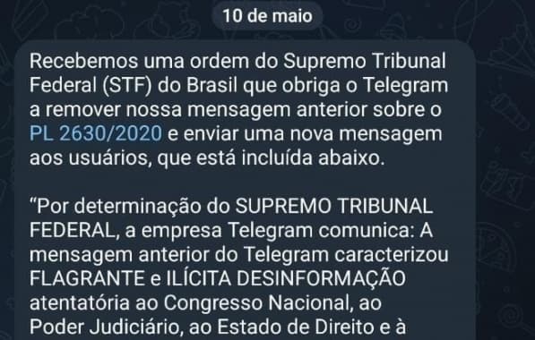 Telegram apaga mensagem que atacava PL das fake news, após receber ordem do STF 