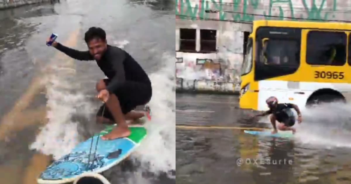 VÍDEO: Homem surfa em ruas alagadas de Salvador e provoca Bruno Reis: "Isso não é um prefeito, isso é um pai!"