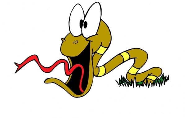 Ilustração de uma cobra cor mostarda com listras amarelas, boca aberta exibindo a língua