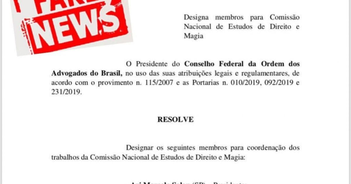 Fake News: OAB não criou 'Comissão Nacional de Estudos de Direito e Magia'