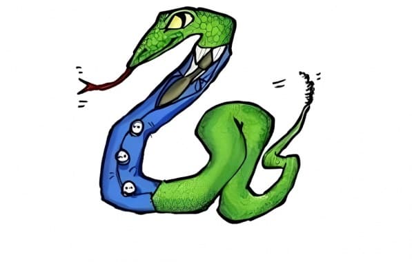Ilustração de uma cobra verde vestindo um elegante terno azul, gravata escura e língua para fora