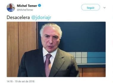 Temer divulga vídeo no Twitter rebatendo críticas de João Dória ao seu governo
