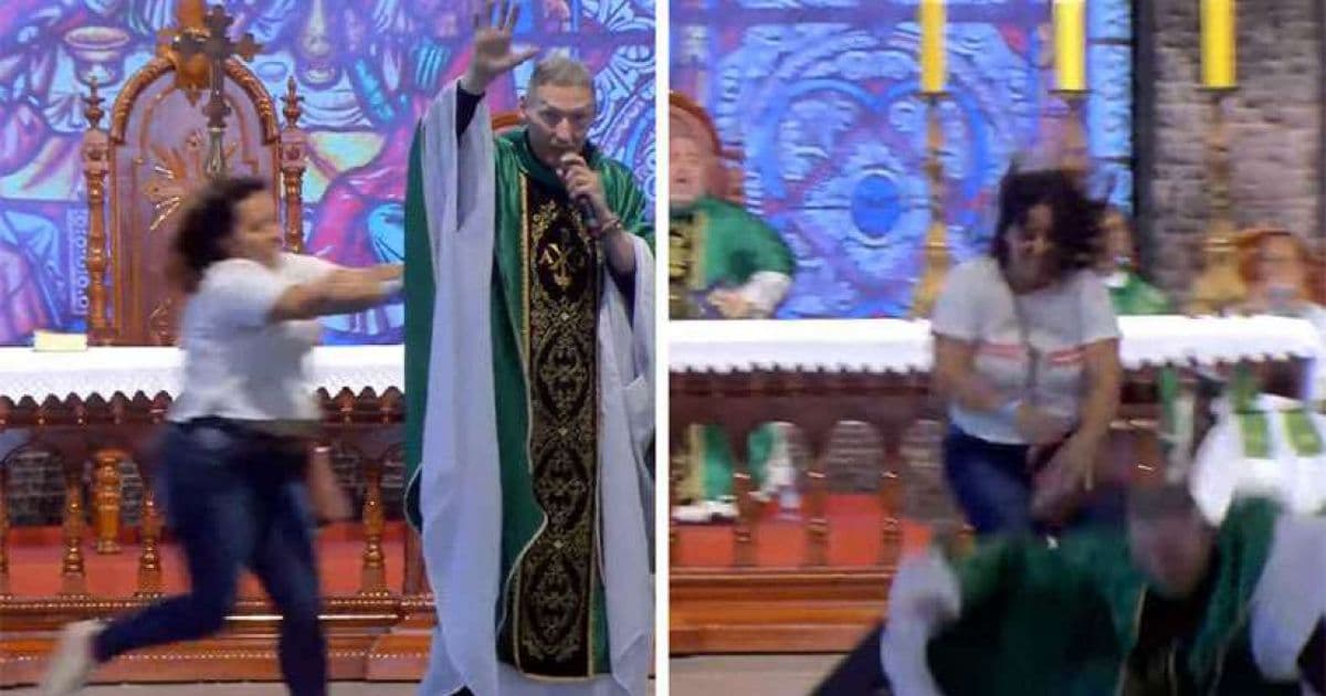 Mulher joga padre Marcelo Rossi do palco durante missa na TV Canção Nova; veja vídeo