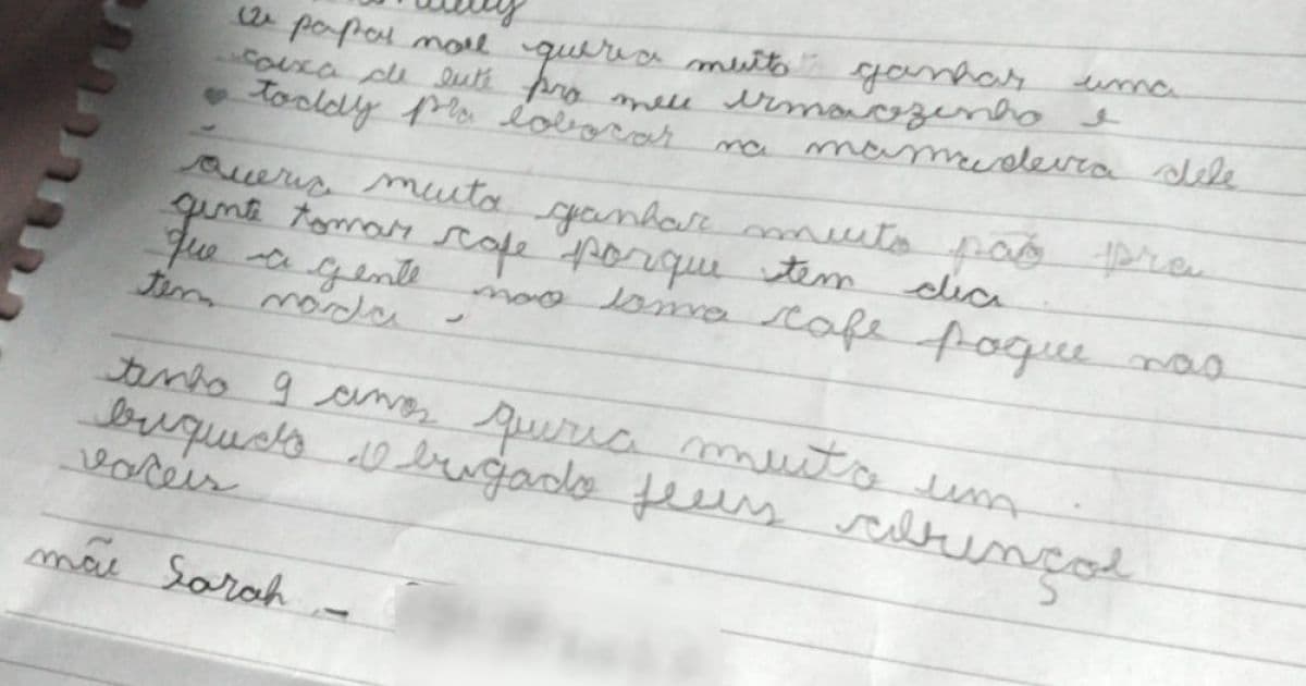 Menina de 8 anos escreve carta a Papai Noel pedindo leite e pão para o irmão mais novo