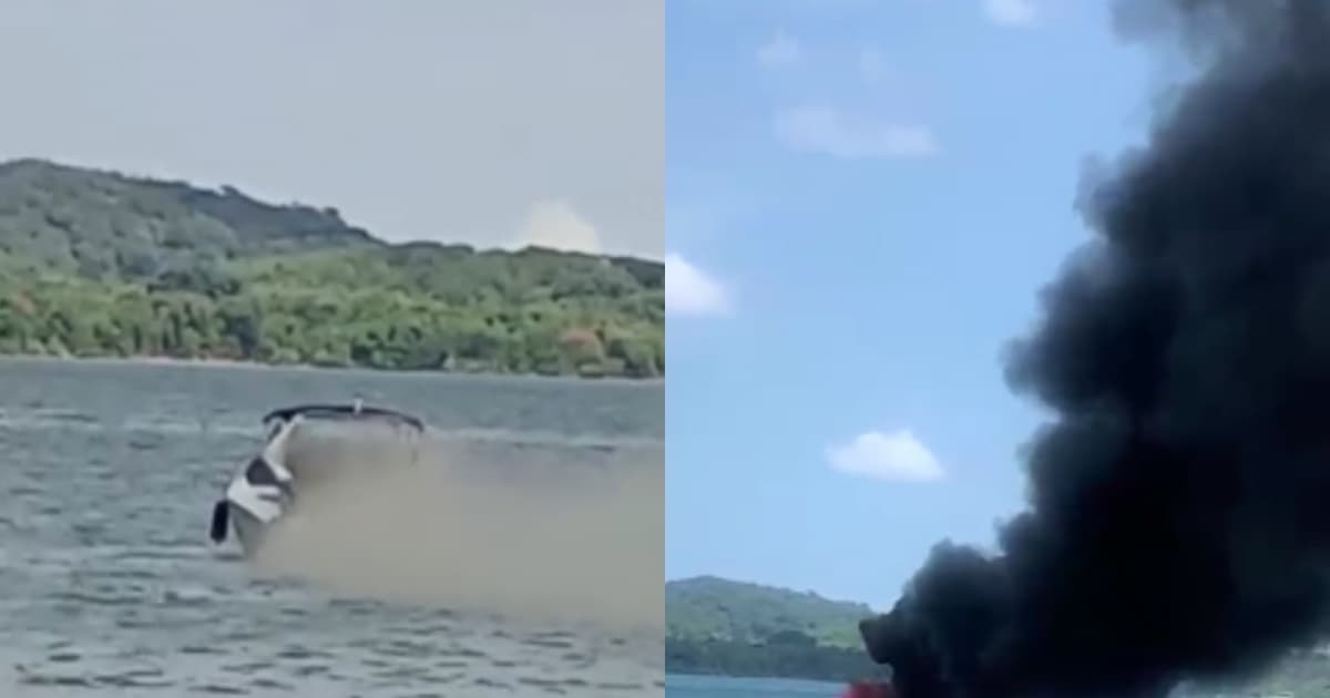 VÍDEO: Embarcação pega fogo em praia na Baía de Todos-os-Santos