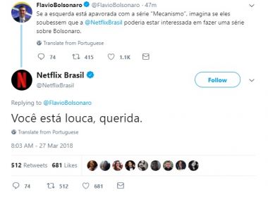 Perfil da Netflix ironiza Flávio Bolsonaro após comentário: 'Você está louca, querida'