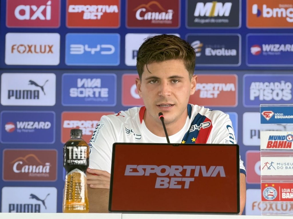 Apresentado, Marco Moreno destaca versatilidade e mira sequência no Bahia com titularidade "desde o primeiro jogo" 3 Marco Moreno durante apresentação