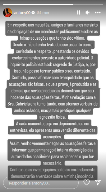 Mensagens mostram ameaças de Antony à ex-namorada: Tomara que