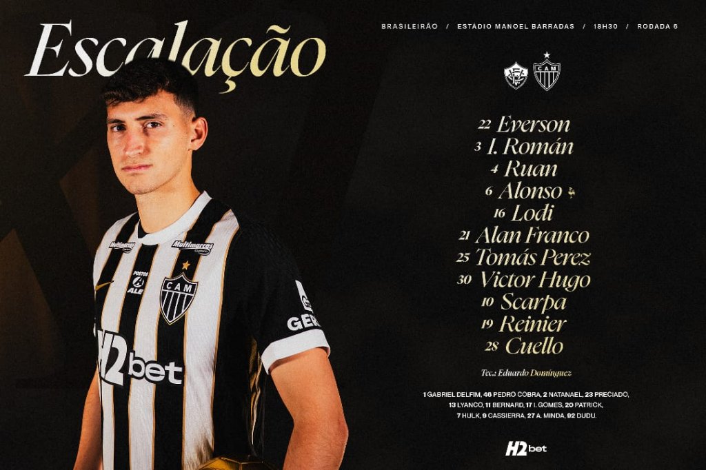 Confira as escalações oficiais de Vitória x Atlético-MG pelo Brasileirão 8 Escalação do Atlético Mineiro