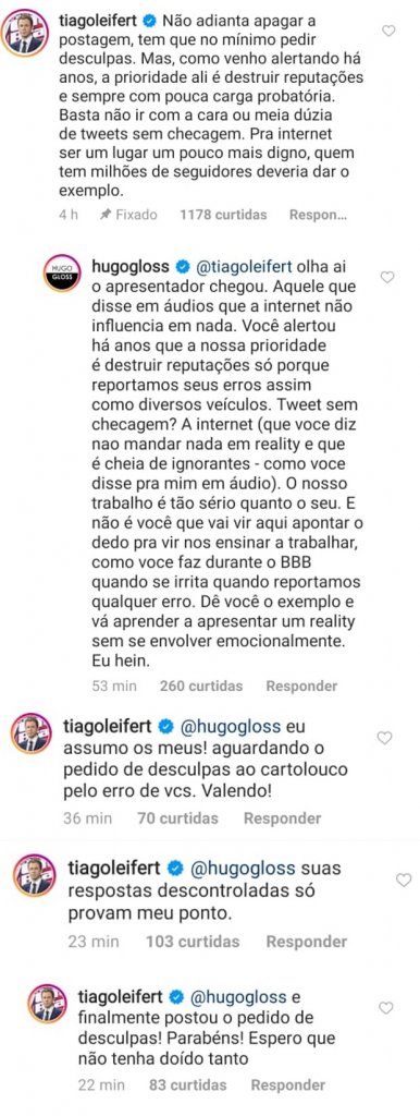 Hugo Gloss alfineta Tiago Leifert em bate boca na web: 'Aprenda com o Mion'  · Notícias da TV