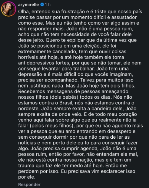 Esposa de João Gomes revela ameaças à família após cobranças por posicionamento político do cantor 3 Captura%20de%20tela%202026 10 12%20095200