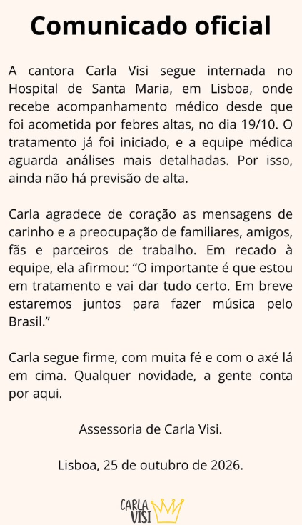 Carla Visi é internada em Portugal após infecção; alta sem previsão 3 Captura de tela de notícia