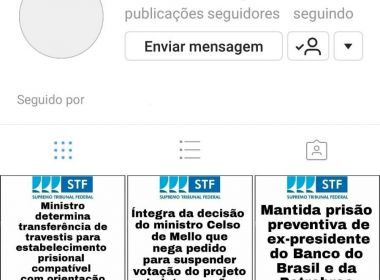 Conta falsa do STF no Instagram é suspensa; perfil fez enquete sobre execução de prisão