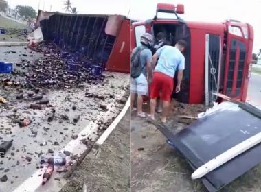 Caminhão carregado de cerveja tomba na região de Serrinha