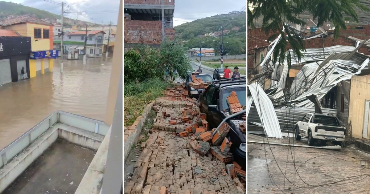 Chuva forte e ventania provocam alagamentos e danos em Jacobina neste sábado