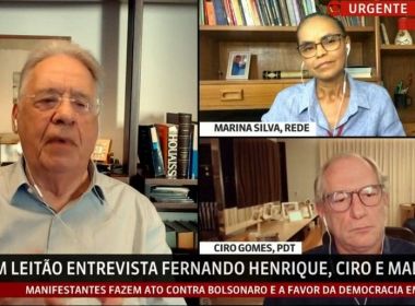 Em debate na GloboNews, FHC, Ciro e Marina defendem união para proteção da democracia