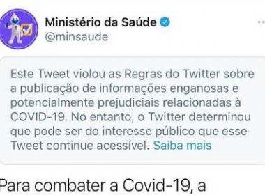 Twitter classifica post do Ministério da Saúde sobre tratamento precoce como enganoso