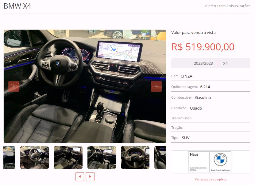 Anúncio de uma BMW X4 disponível no BN Autos