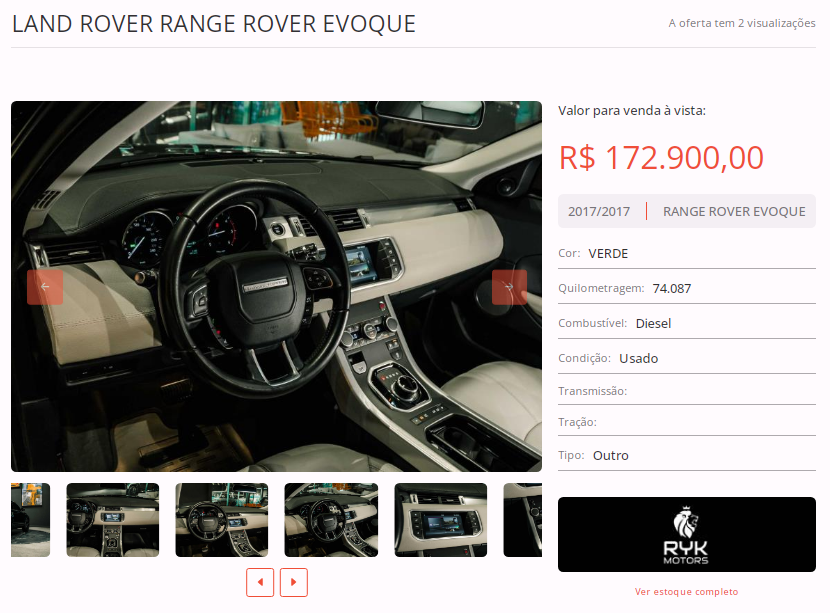Anúncio de uma LAND ROVER RANGE ROVER EVOQUE disponível no BN Autos