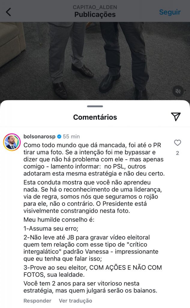 Eduardo Bolsonaro critica Capitão Alden e dá “conselhos” após postagem com ex-presidente: “Assuma seu erro” 3 WhatsApp%20Image%202024 10 31%20at%2016.45.04.