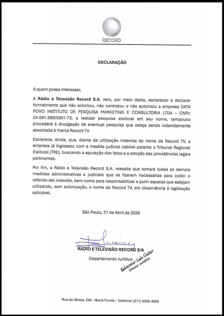 Comunicado publicado pela Record TV