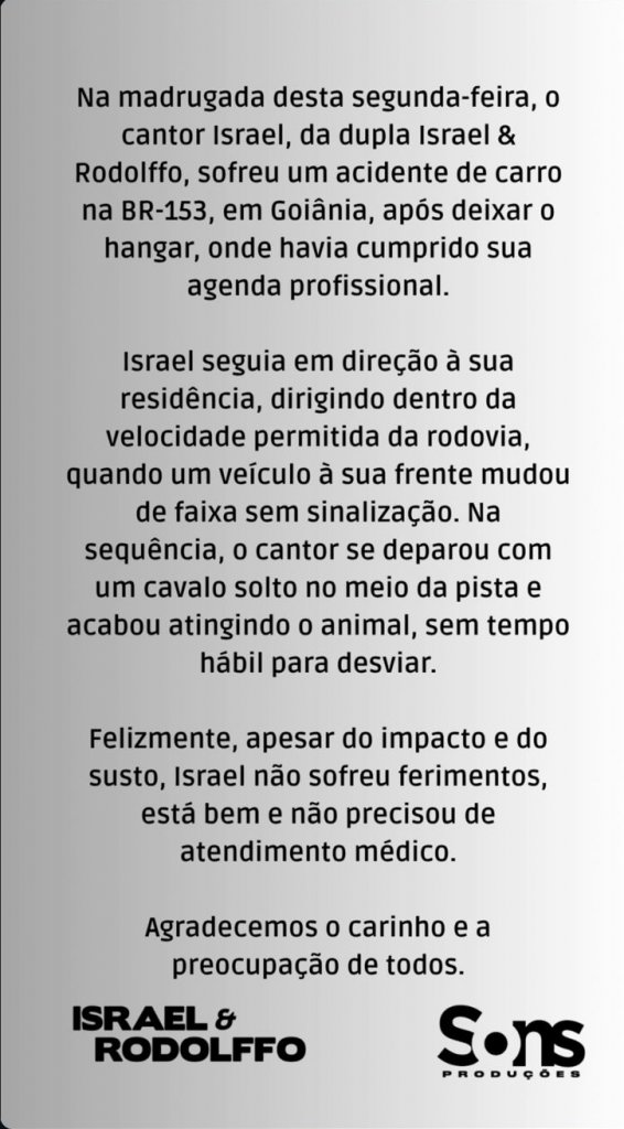 Cantor Israel, da dupla com Rodolffo, se envolve em acidente após atropelar cavalo na BR-153 em Goiás 3 Foto do acidente na BR-153