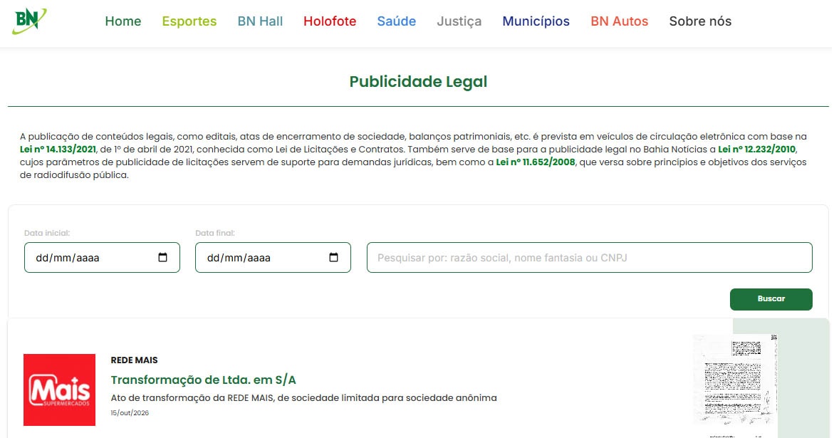 Publicidade Legal: Rede Mais é transformada em sociedade anônima